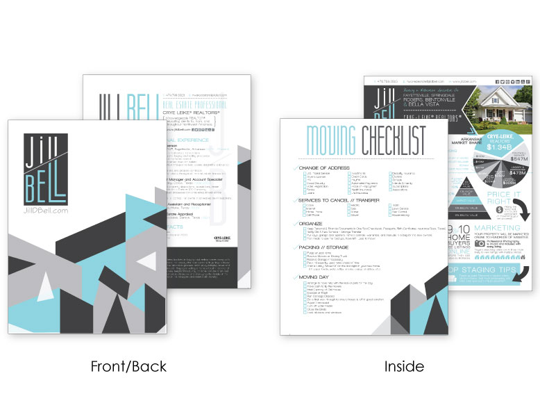 Jill Bell real estate client packet with bio, moving checklist, and modern geometric folder design